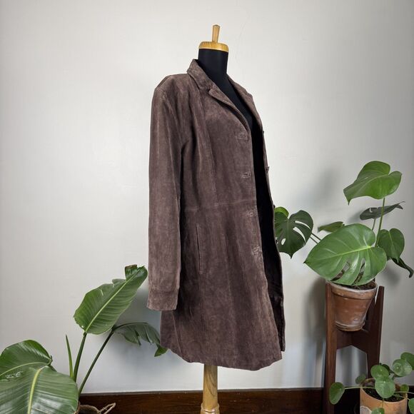 Vintage 90s 00s Brown Suede Leather Long Coat, Women's XL Jacket - Picture 10 of 14